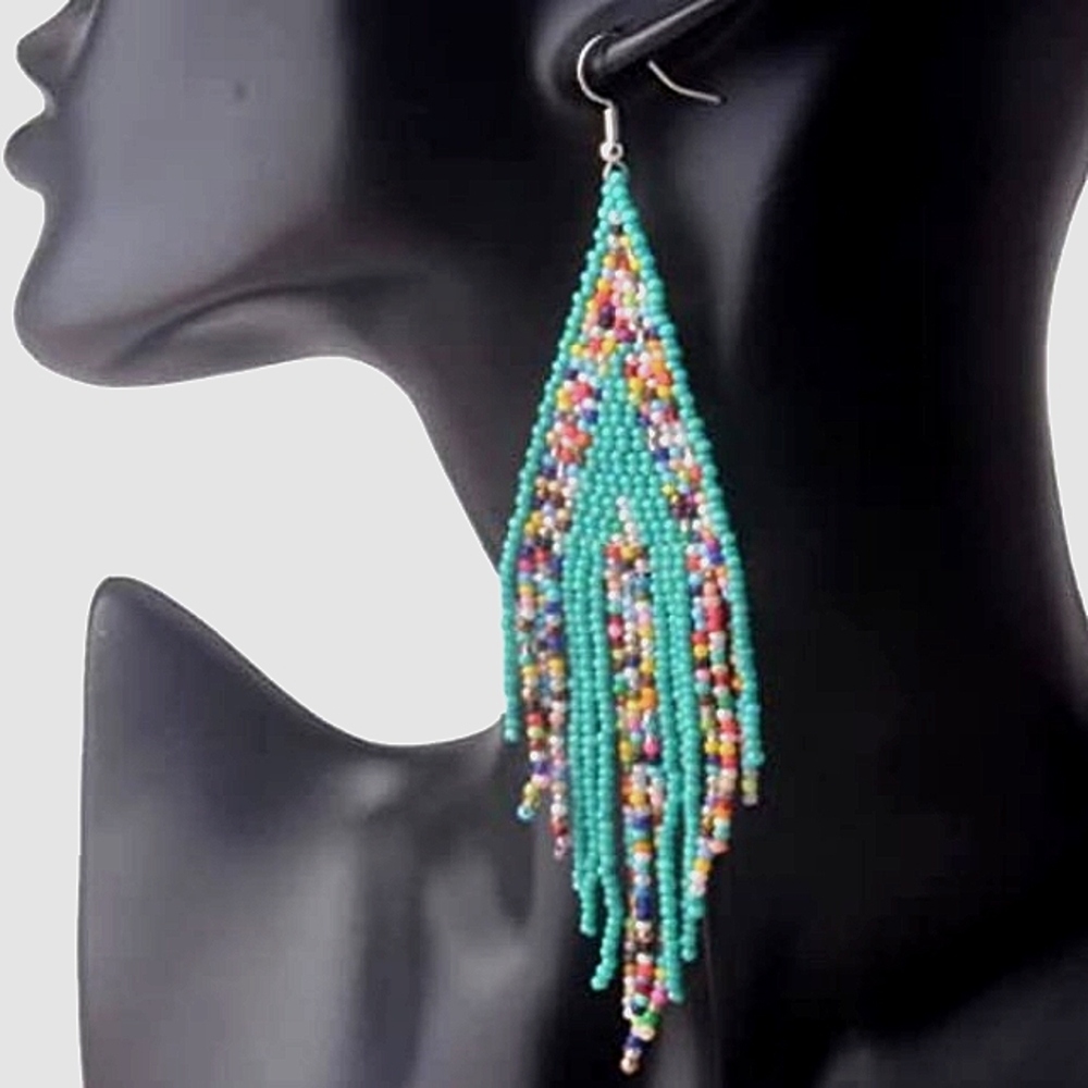 Long 5" Multicolor Turquoise Stripe Handmade Beaded Oversized Bohemian Earrings